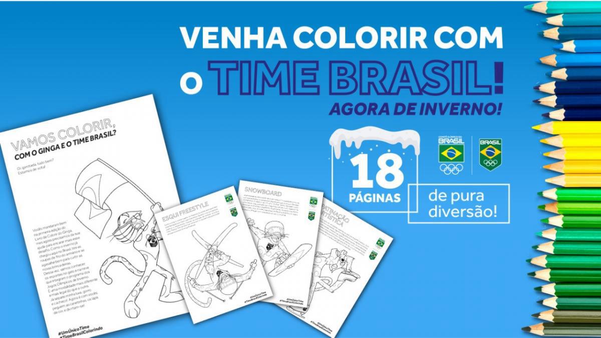 COB lança novo livro de colorir com o Ginga praticando as modalidades de inverno