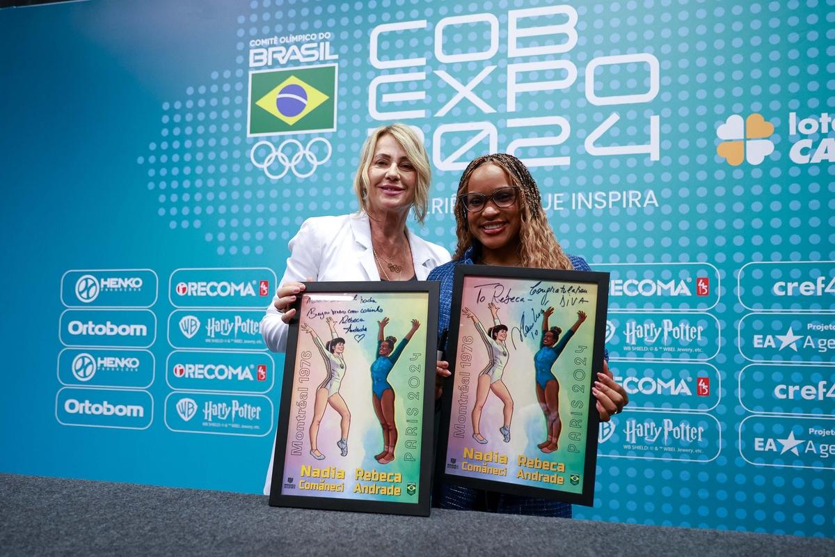 Rebeca Andrade e Nadia Comaneci se encontram em painel histórico da COB Expo